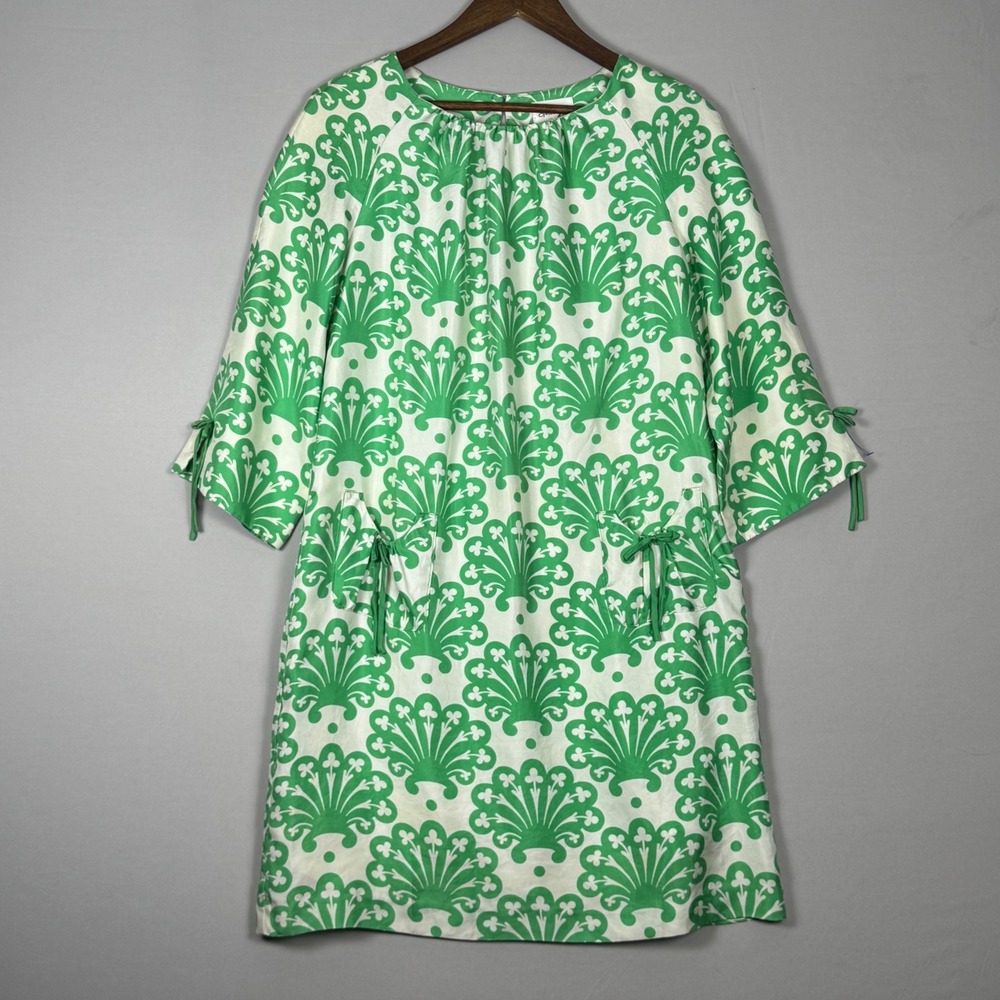 Milly New York Silk Shift Dress Womens 10 Green White Damask Vintage Y2K Mod